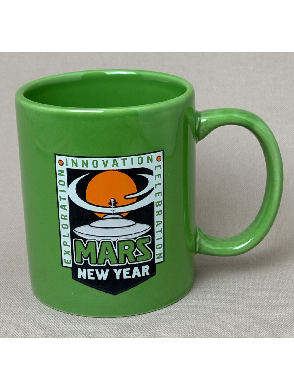 Mars New Year Celebration Coffee Mug Green Flying Saucer Space Sci Fi Cup 11 oz
